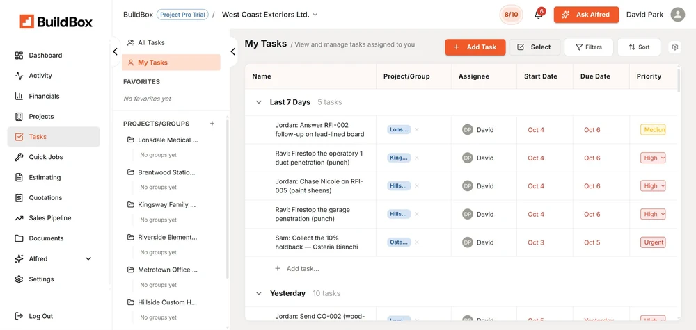 BuildBox Task Management screen