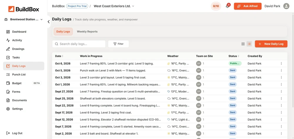 BuildBox Daily Logs screen