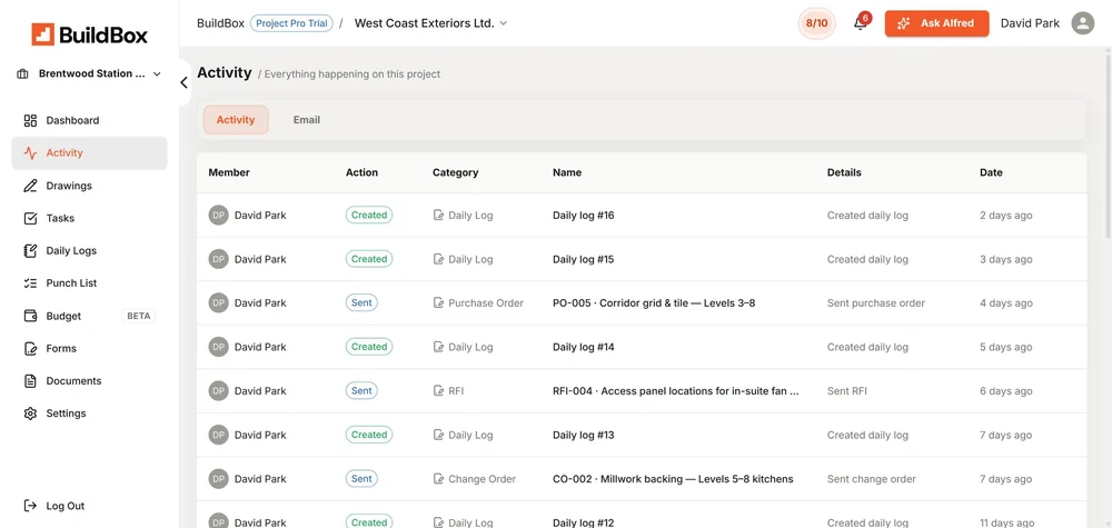BuildBox Activity Tracking screen