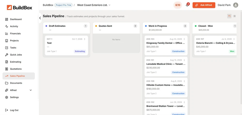 BuildBox Sales Pipeline screen