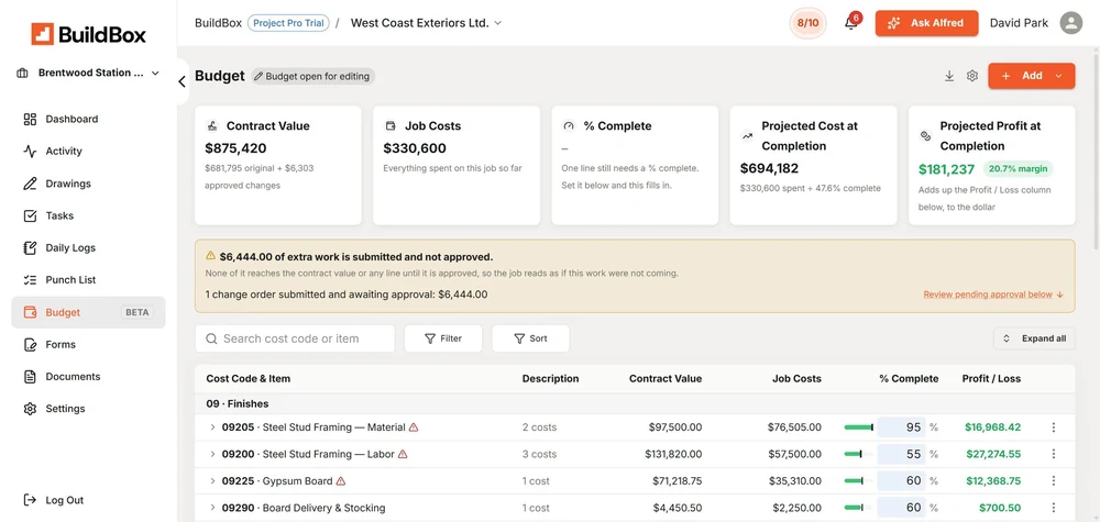 BuildBox Project Budgets screen