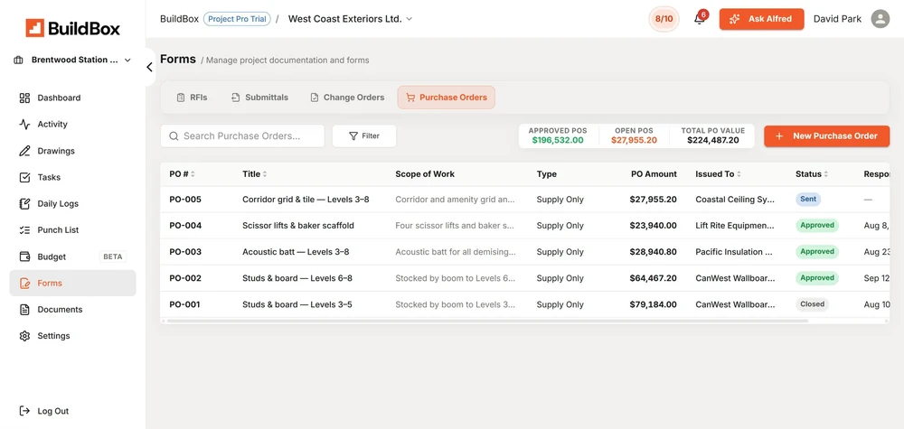 BuildBox Purchase Orders screen