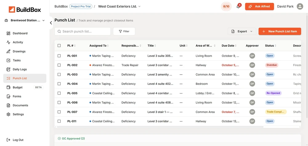 BuildBox Punch Lists screen